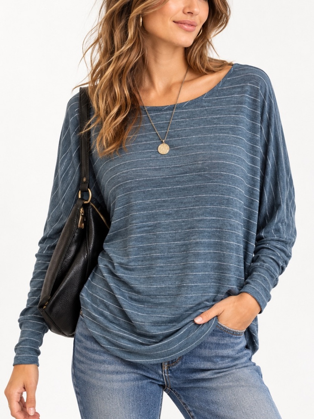 Maurices Heathered Blue Knit Blouse Top Metallic Stripes Boho Chic Large